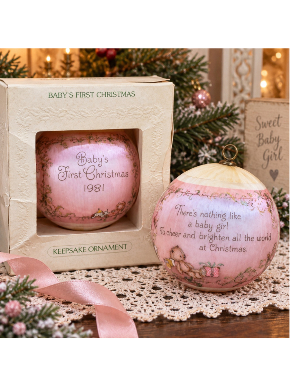 Vintage 1981 Hallmark Baby's First Christmas Satin Ornament Pink Original Box